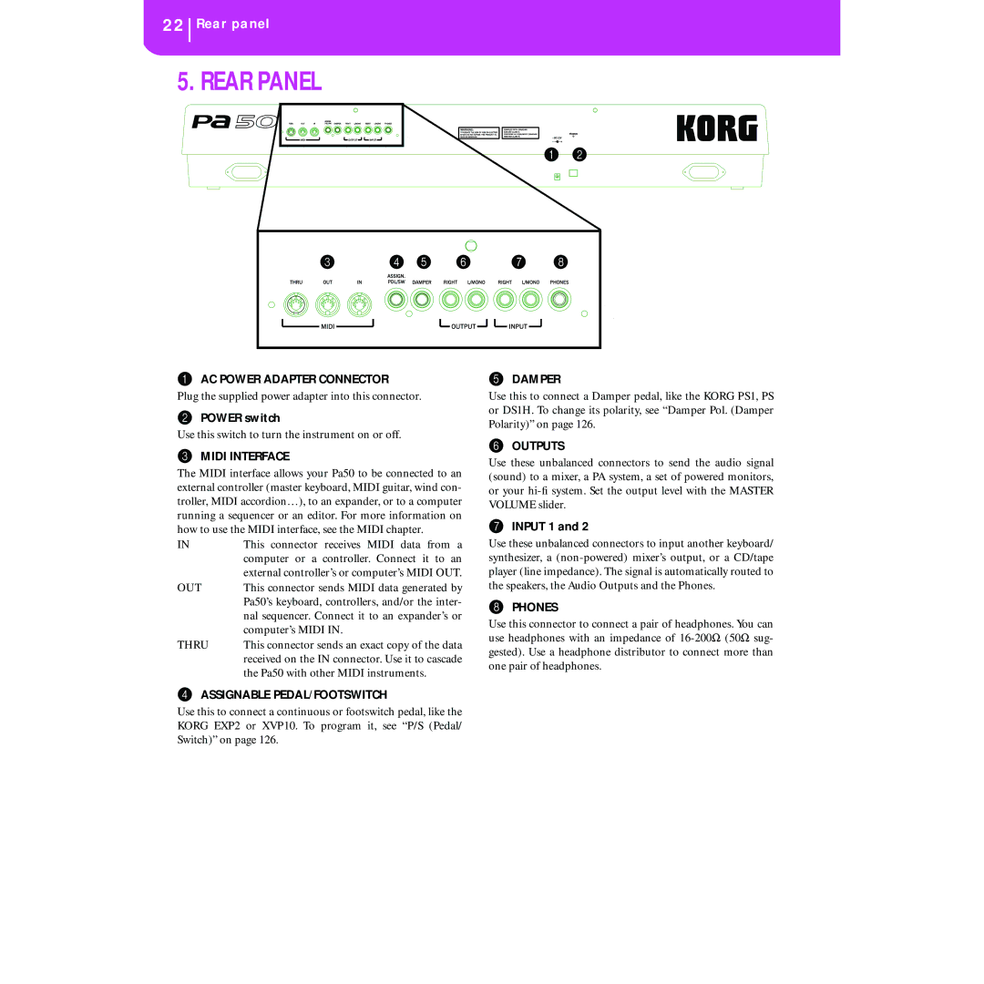 Korg KORG Pa50 user manual Rear Panel, Power switch, Input 1 