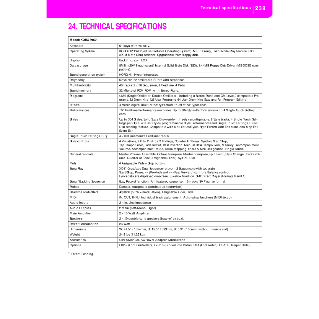 Korg KORG Pa50 user manual Technical Specifications, 239, Model Korg Pa50 