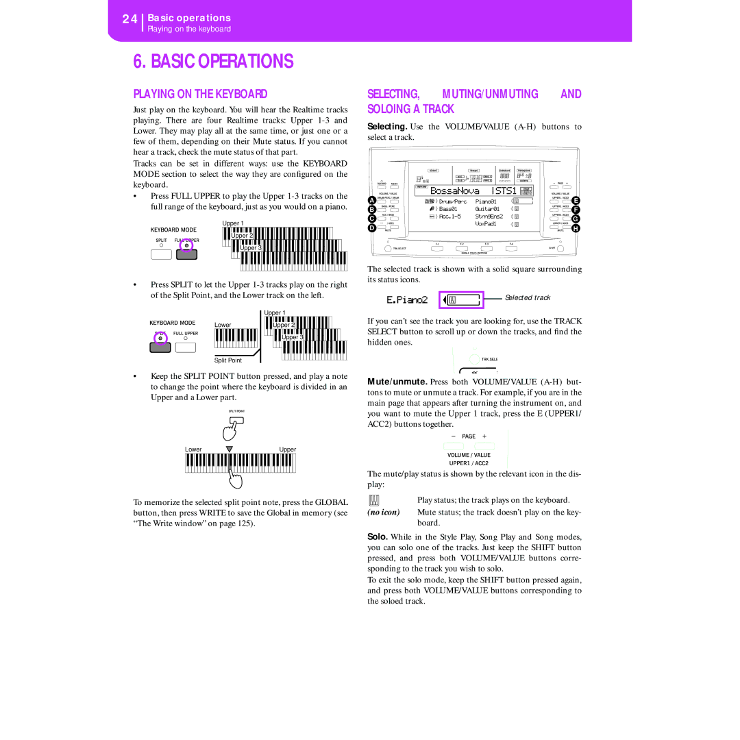 Korg KORG Pa50 user manual Basic Operations, Playing on the Keyboard, SELECTING, MUTING/UNMUTING and Soloing a Track 