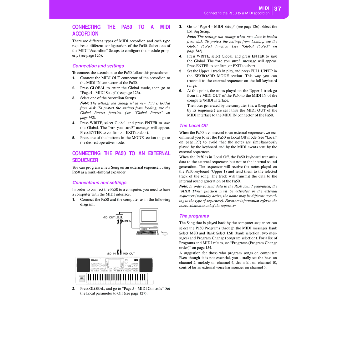 Korg KORG Pa50 Connecting the PA50 to a Midi Accordion, Connecting the PA50 to AN External Sequencer, Local Off, Programs 