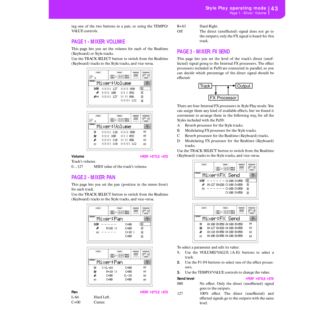 Korg KORG Pa50 user manual Mixer Volume, Mixer PAN, Mixer FX Send, MixerPan 