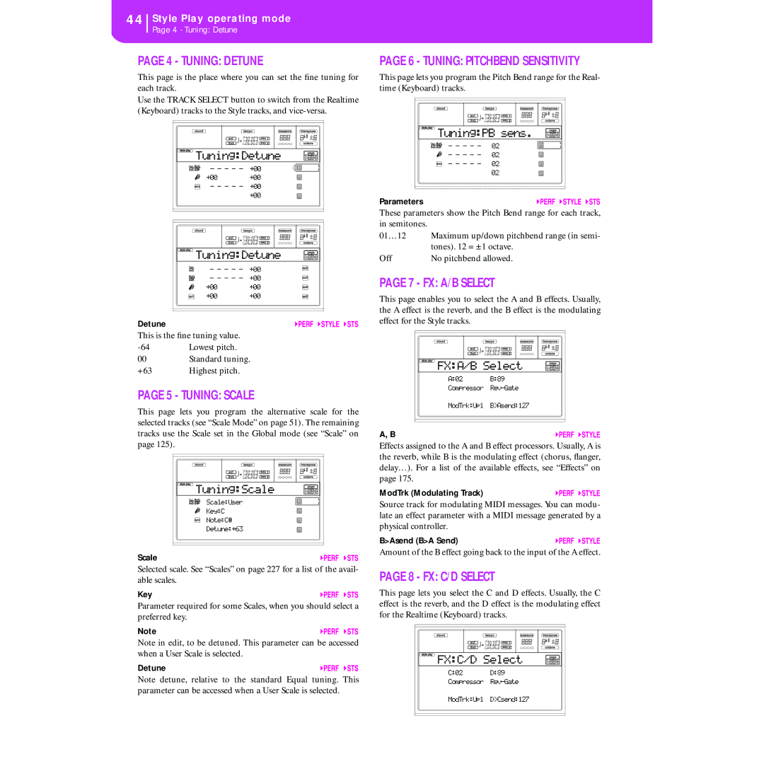 Korg KORG Pa50 user manual Tuning Detune, Tuning Scale, FX A/B Select, FX C/D Select 