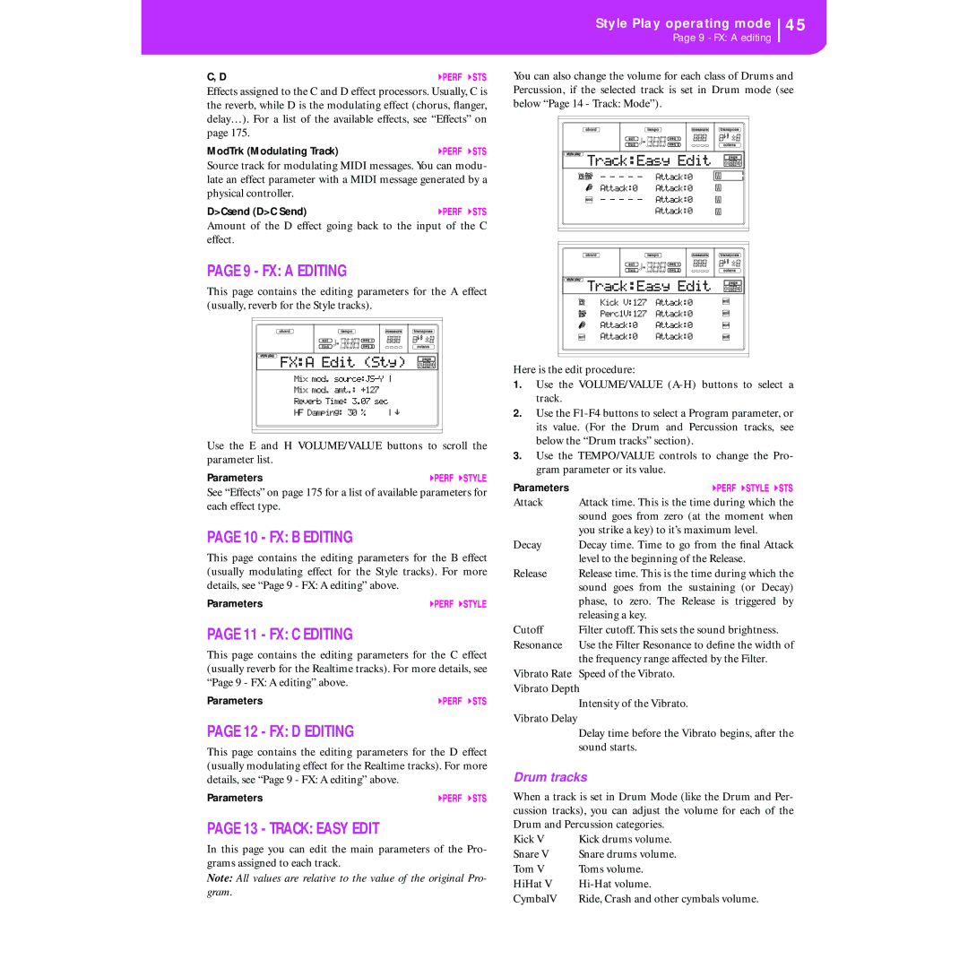 Korg KORG Pa50 user manual FX a Editing, FX B Editing, FX C Editing, FX D Editing, Track Easy Edit 