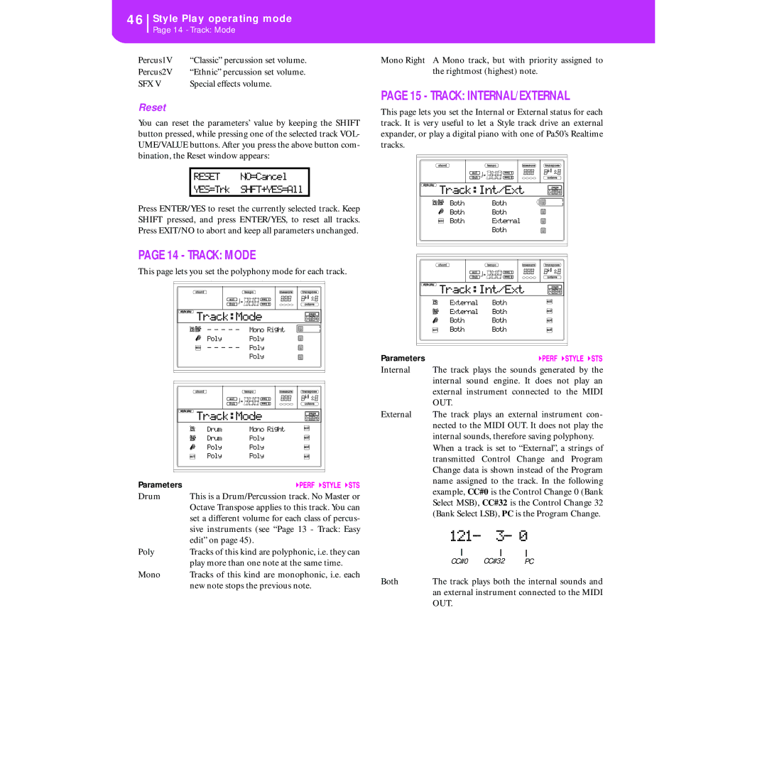 Korg KORG Pa50 user manual Track Mode, Track INTERNAL/EXTERNAL, Reset, TrackMode, TrackInt/Ext 