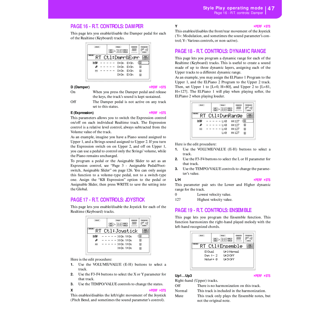 Korg KORG Pa50 user manual 16 R.T. Controls Damper, RT CtlDmpr&Expr, RT CtlJoystick, RT CtlDynRange, RT CtlEnsemble 