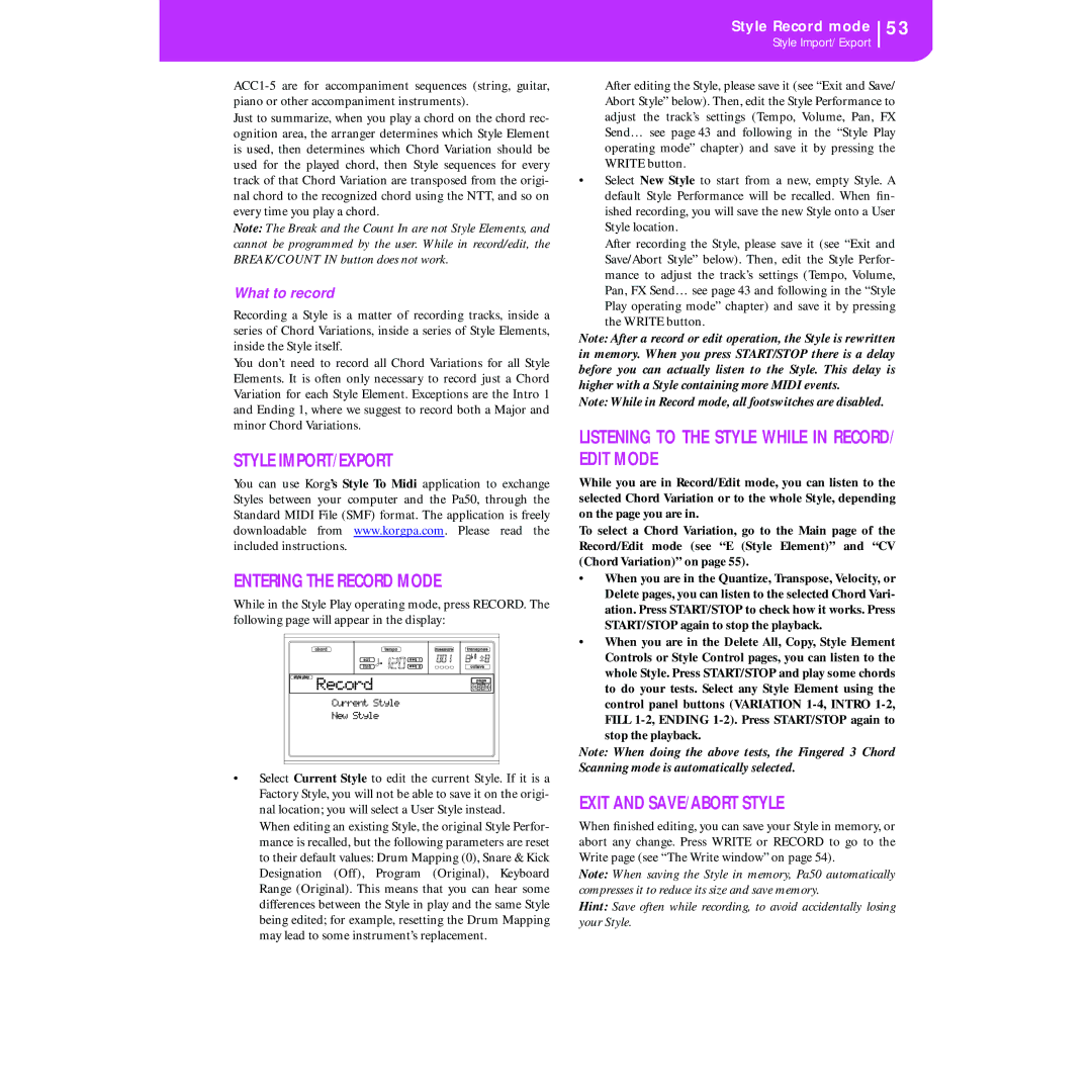 Korg KORG Pa50 user manual Style IMPORT/EXPORT Entering the Record Mode, Listening to the Style While in RECORD/ Edit Mode 