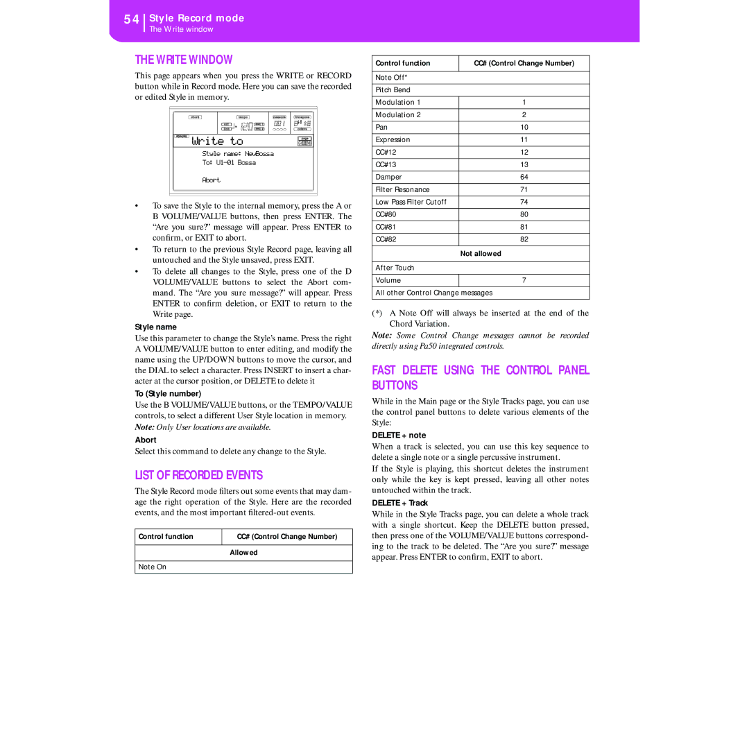 Korg KORG Pa50 user manual List of Recorded Events, Fast Delete Using the Control Panel Buttons 