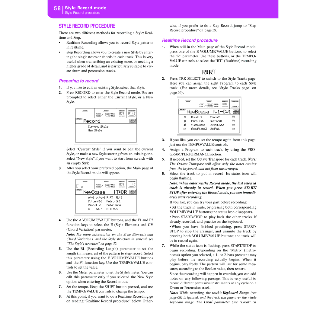 Korg KORG Pa50 user manual Style Record Procedure, Preparing to record, Realtime Record procedure 