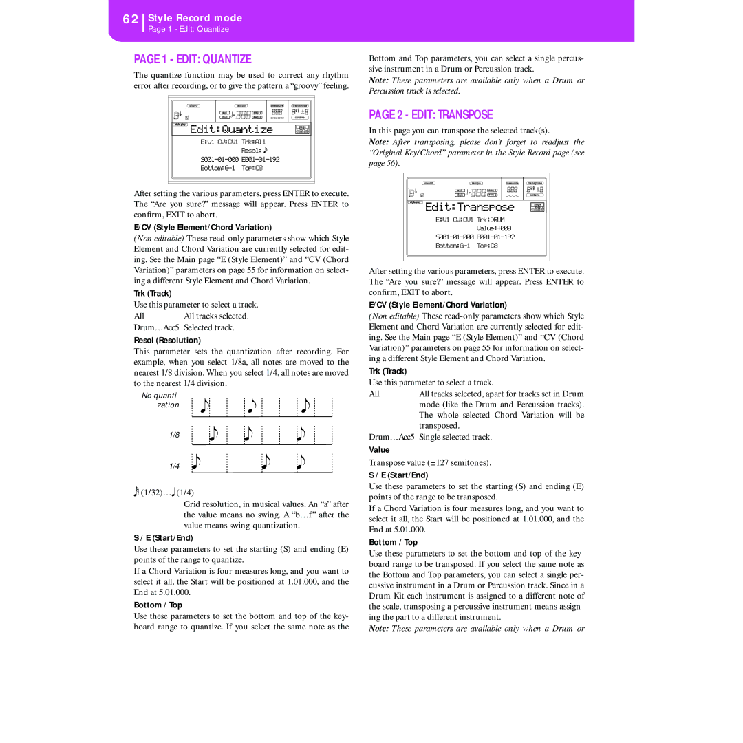 Korg KORG Pa50 user manual Edit Quantize, Edit Transpose, EditTranspose 