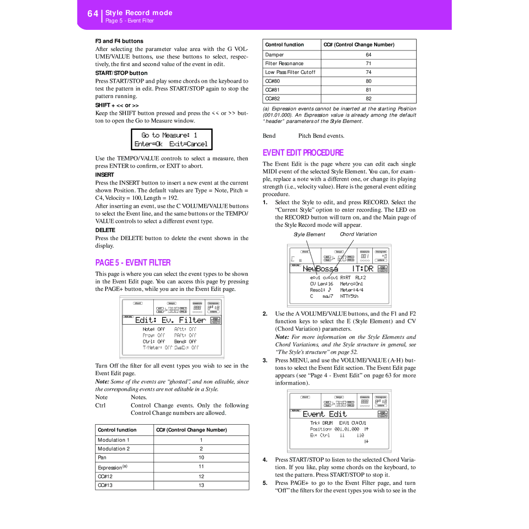 Korg KORG Pa50 user manual Event Filter, Event Edit Procedure, Edit Ev. Filter, F3 and F4 buttons, Shift + or 