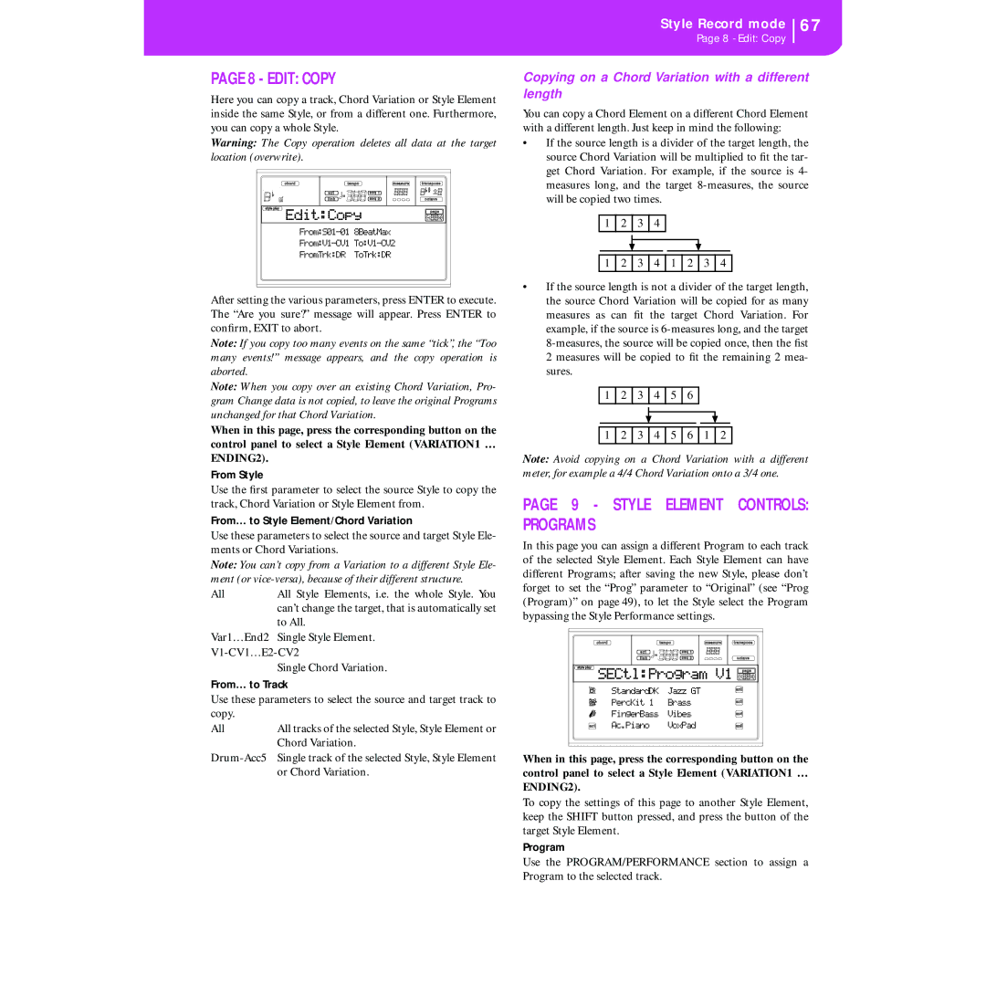 Korg KORG Pa50 Edit Copy, Style Element Controls Programs, Copying on a Chord Variation with a different length, EditCopy 