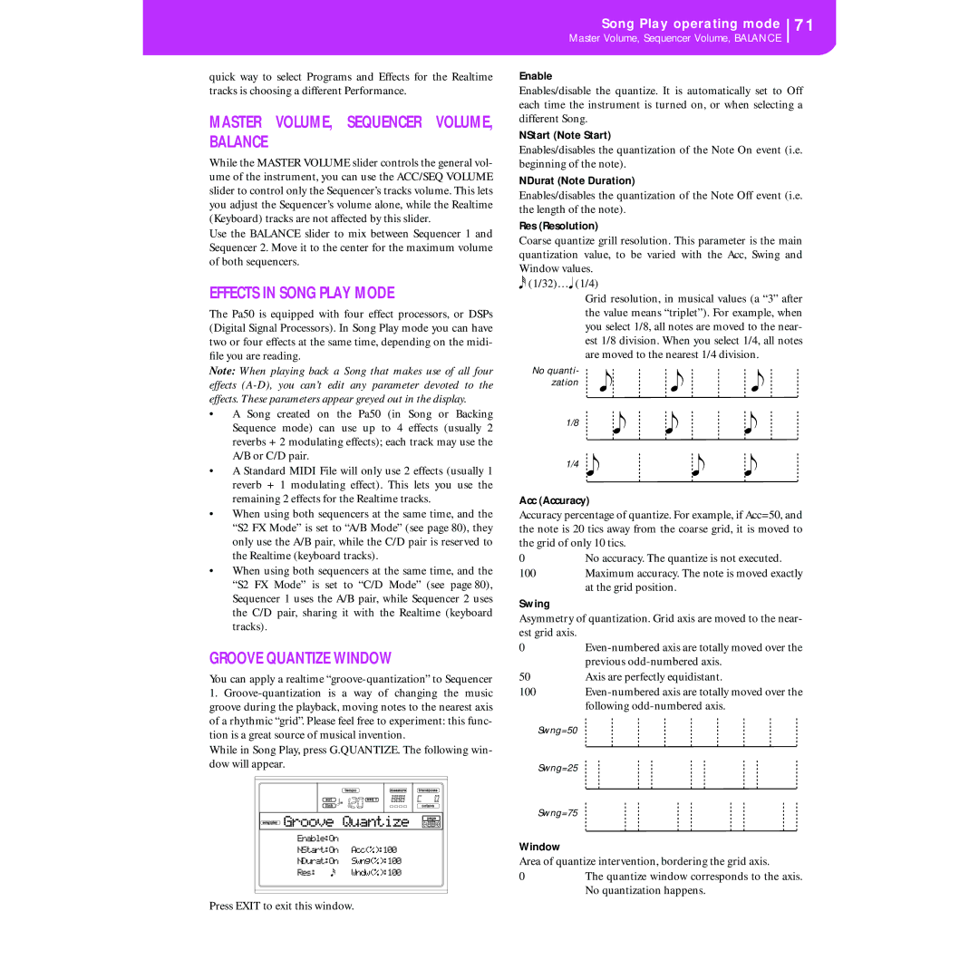 Korg KORG Pa50 user manual Master VOLUME, Sequencer VOLUME, Balance, Effects in Song Play Mode, Groove Quantize Window 