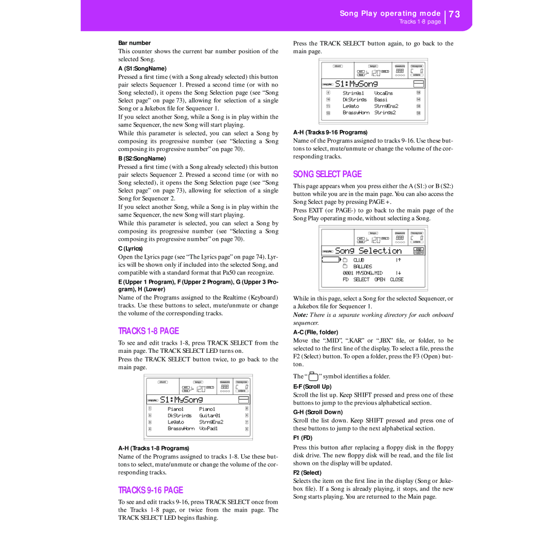 Korg KORG Pa50 user manual Tracks 1-8, Tracks 9-16, Song Select, S1MySong 