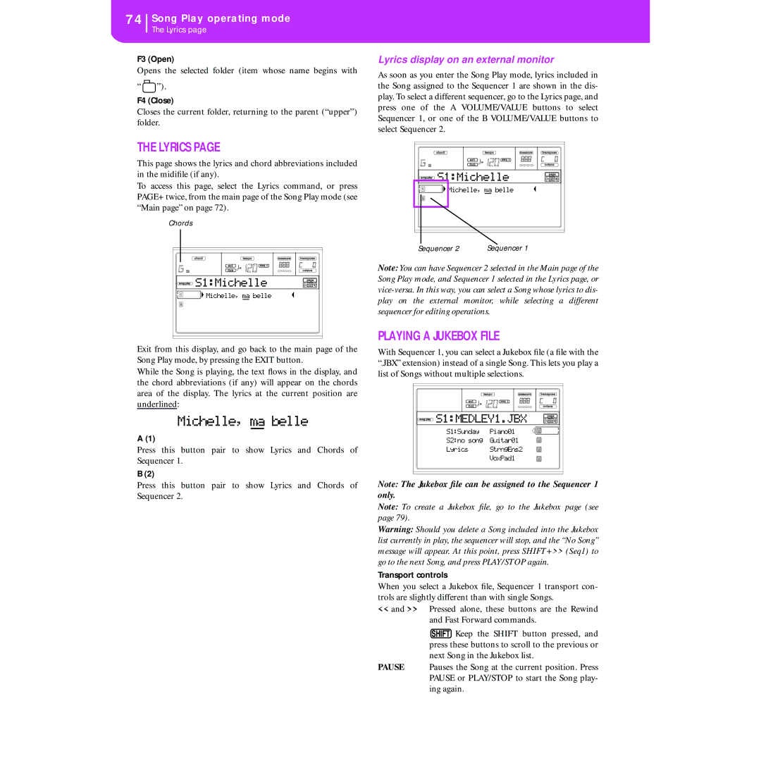 Korg KORG Pa50 user manual Playing a Jukebox File, Lyrics display on an external monitor, S1Michelle 