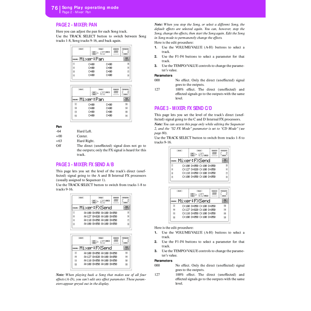 Korg KORG Pa50 user manual Mixer FX Send A/B, Mixer FX Send C/D, MixerFXSend 
