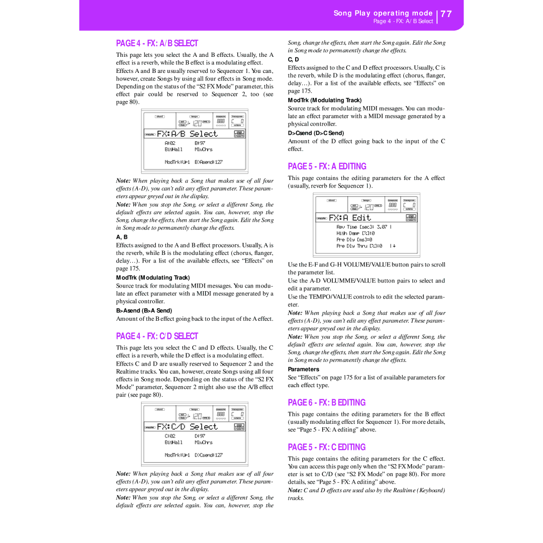 Korg KORG Pa50 user manual FX A/B Select, FX C/D Select, FX a Editing, FX B Editing, FX C Editing 