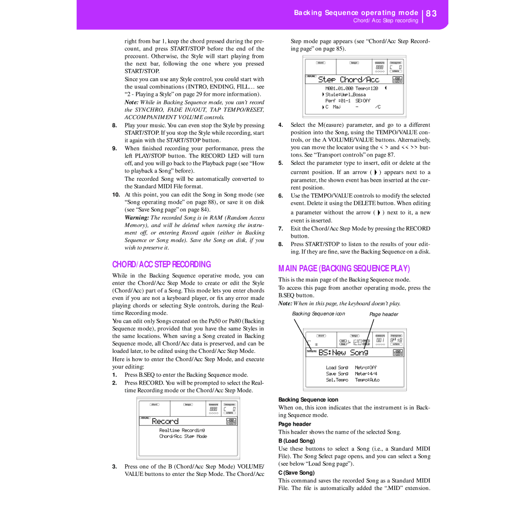 Korg KORG Pa50 user manual CHORD/ACC Step Recording, Step Chord/Acc, Backing Sequence icon, Load Song, Save Song 