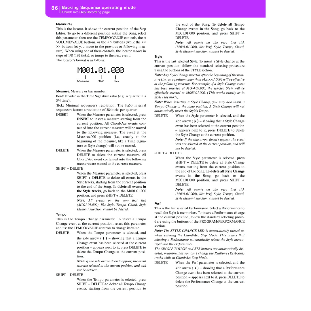 Korg KORG Pa50 user manual Tempo, Perf 