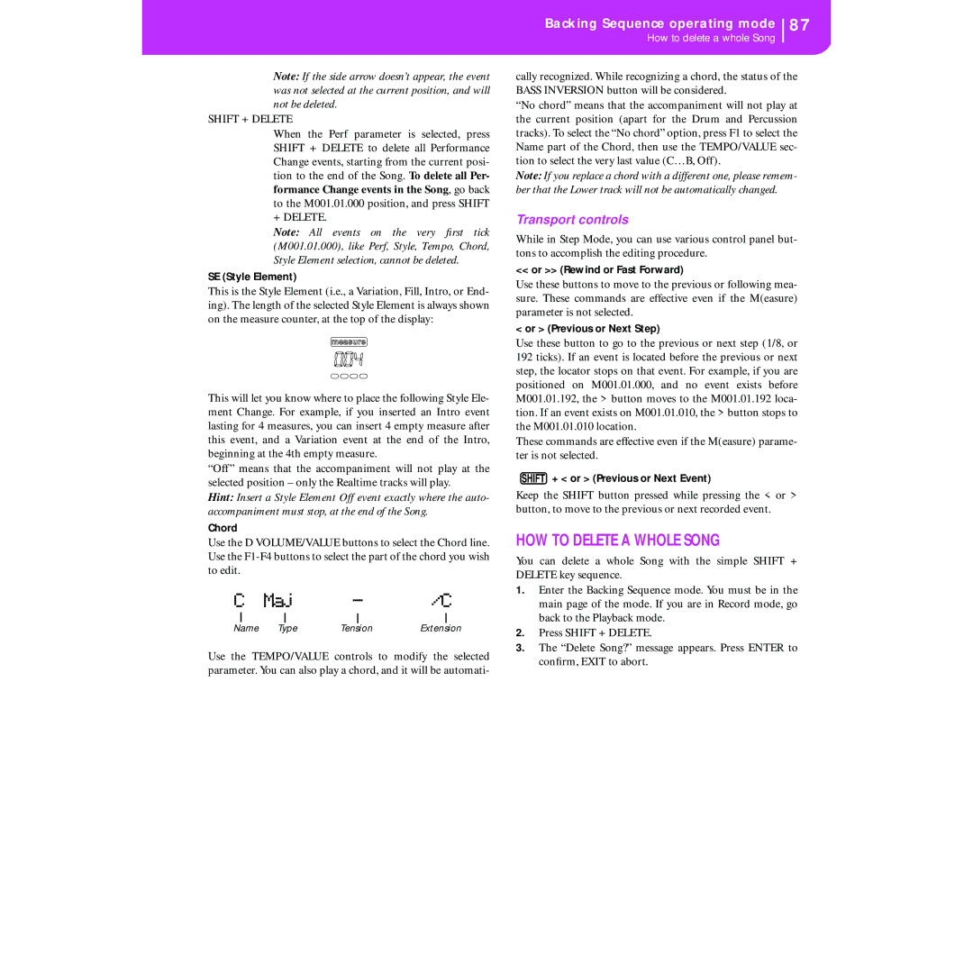 Korg KORG Pa50 user manual HOW to Delete a Whole Song, Transport controls 