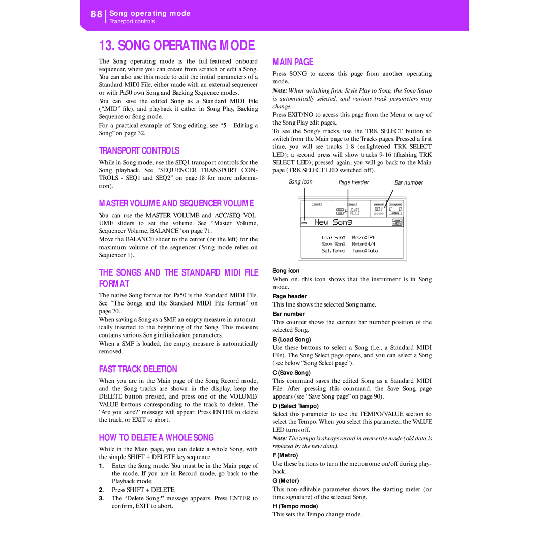 Korg KORG Pa50 user manual Fast Track Deletion, Song icon 