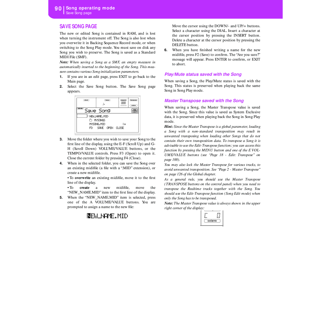 Korg KORG Pa50 user manual Play/Mute status saved with the Song, Master Transpose saved with the Song, Save Song 