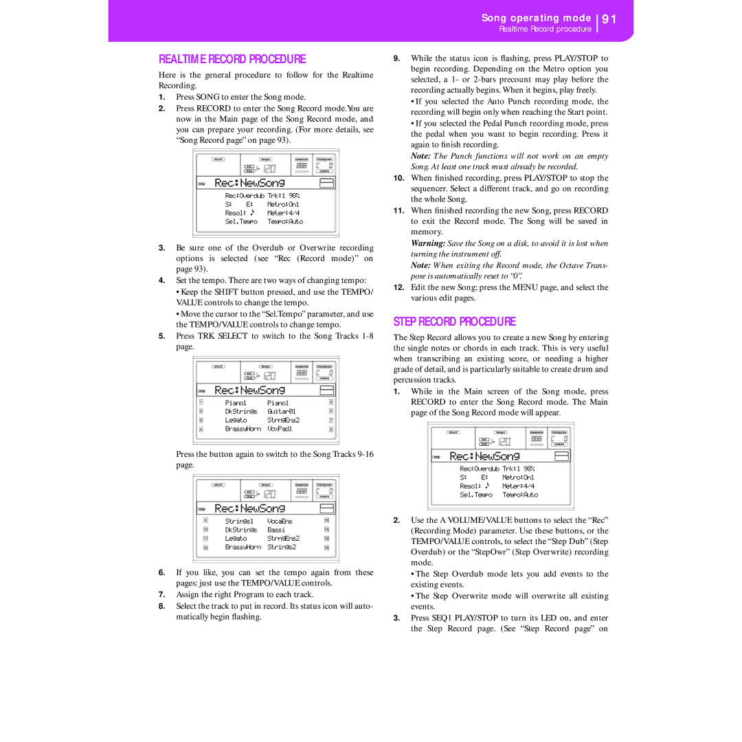 Korg KORG Pa50 user manual Realtime Record Procedure, Step Record Procedure 