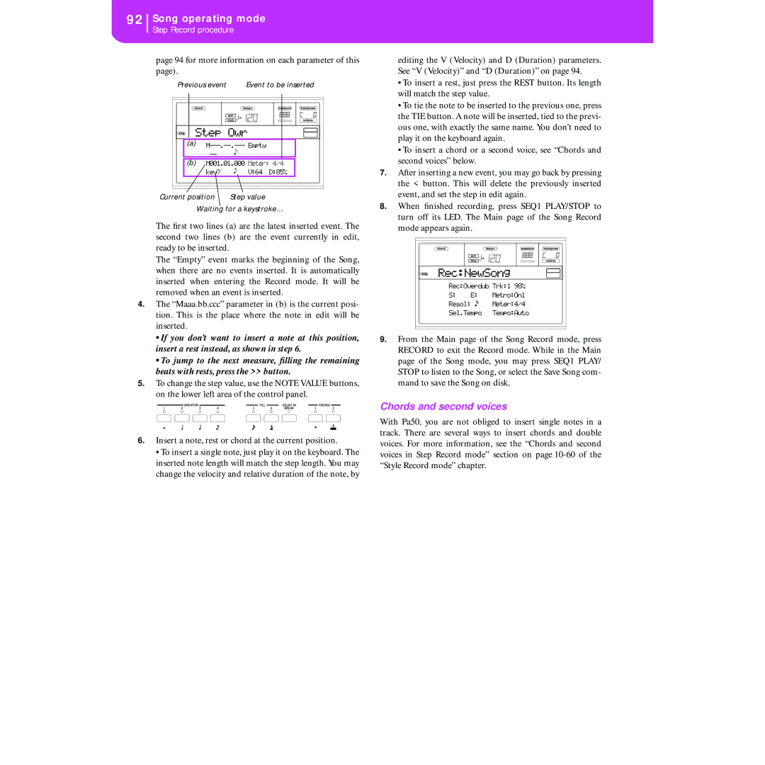 Korg KORG Pa50 user manual Chords and second voices, Step Owr 