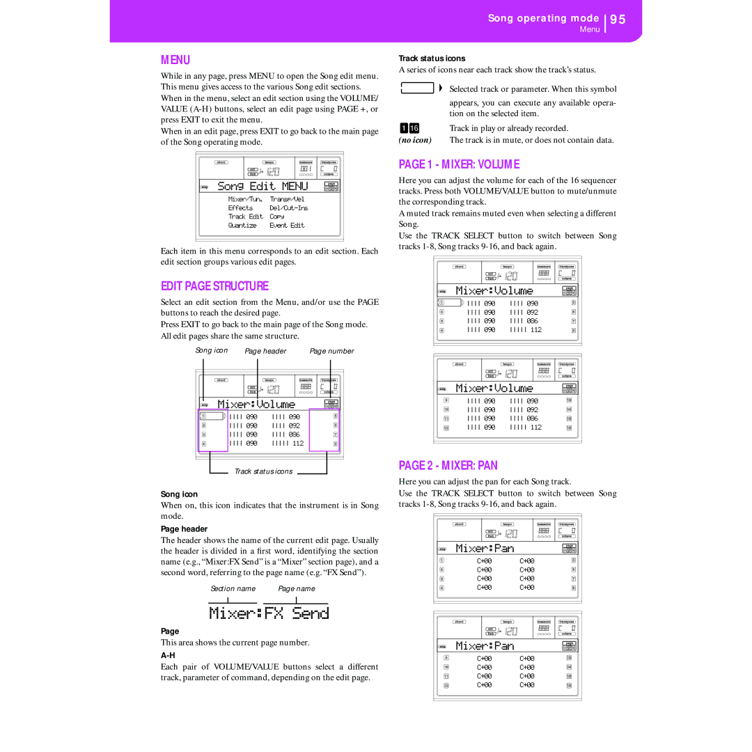 Korg KORG Pa50 user manual Menu, Track status icons 