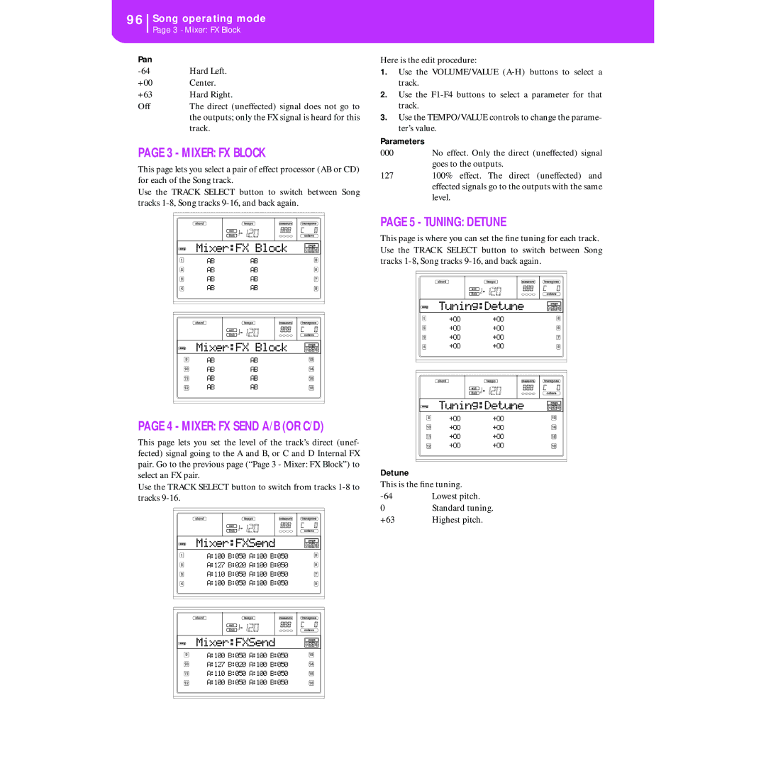 Korg KORG Pa50 user manual Mixer FX Block, Tuning Detune, MixerFX Block 