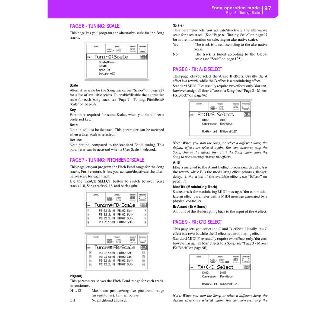 Korg KORG Pa50 user manual Tuning Scale, Tuning PITCHBEND/SCALE, FX A/B Select, FX C/D Select, TuningPB/Scale 