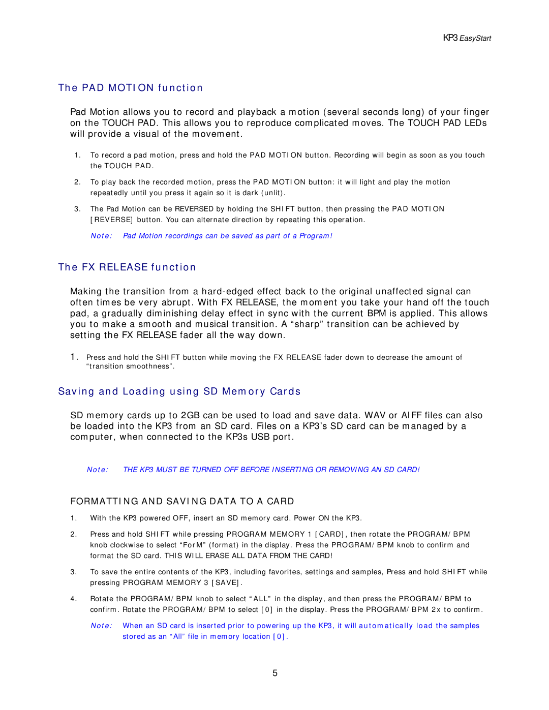 Korg KP3 manual PAD Motion function, FX Release function, Saving and Loading using SD Memory Cards 