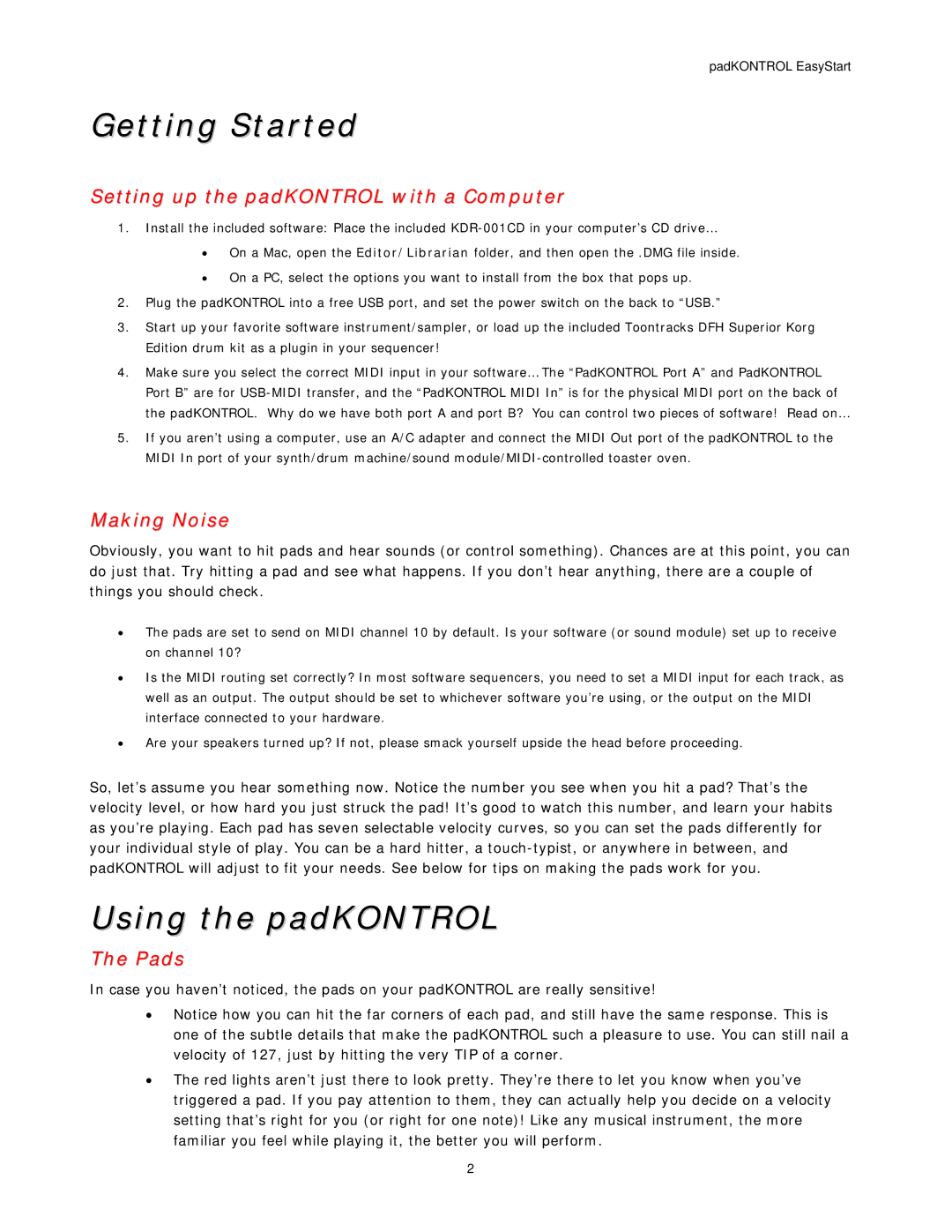 Korg krog manual Getting Started, Using the padKONTROL, Setting up the padKONTROL with a Computer, Making Noise, Pads 