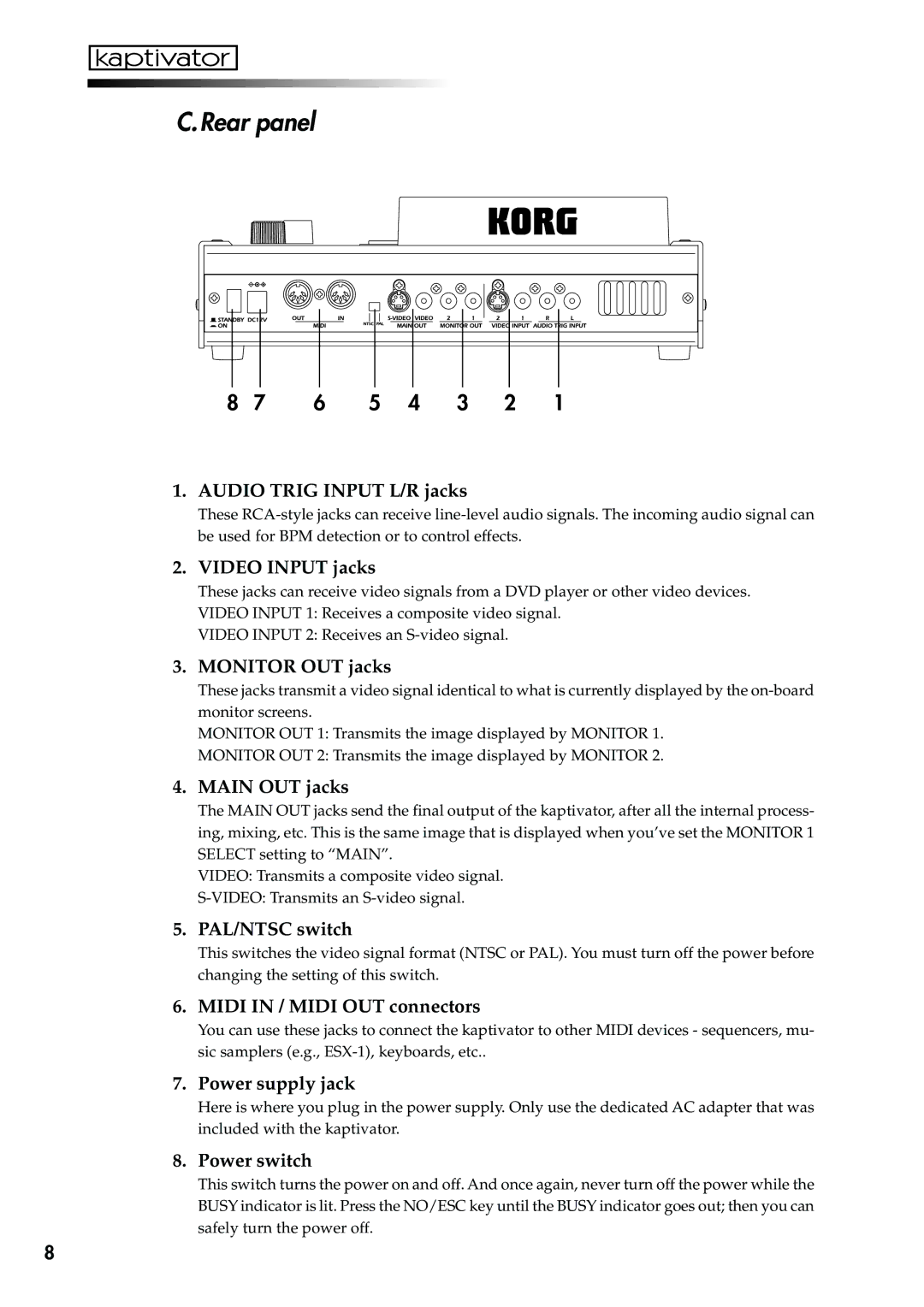 Korg KTV1 owner manual Rear panel, Audio Trig Input L/R jacks 