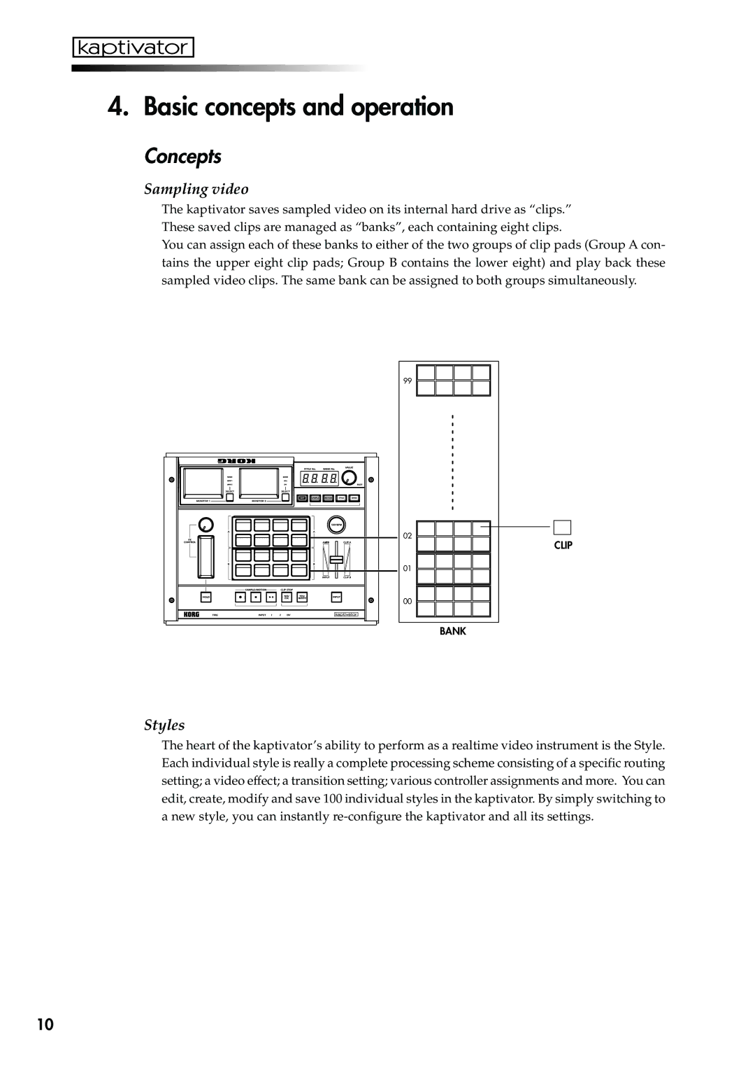 Korg KTV1 owner manual Basic concepts and operation, Concepts, Sampling video, Styles 