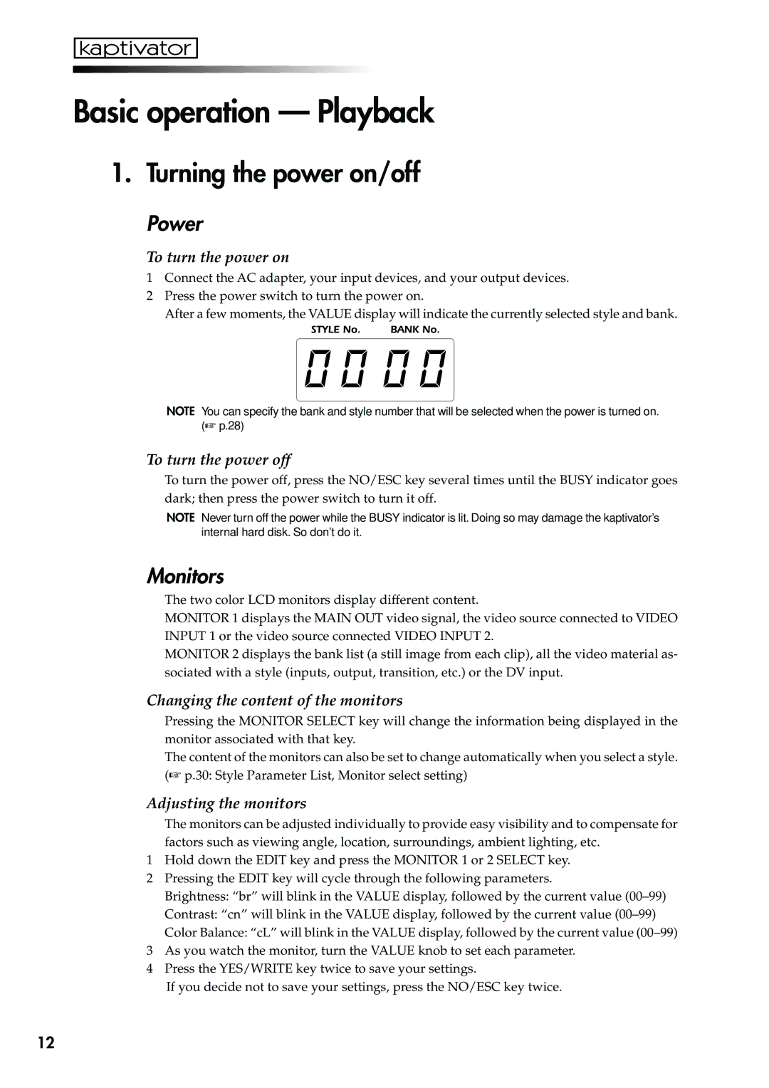 Korg KTV1 owner manual Basic operation Playback, Turning the power on/off, Power, Monitors 