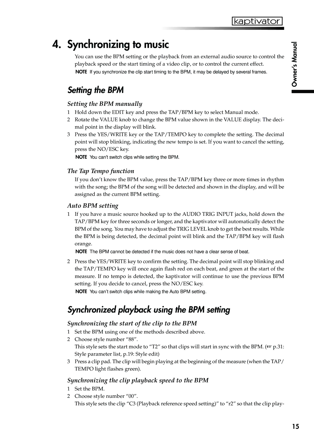 Korg KTV1 owner manual Synchronizing to music, Setting the BPM, Synchronized playback using the BPM setting 