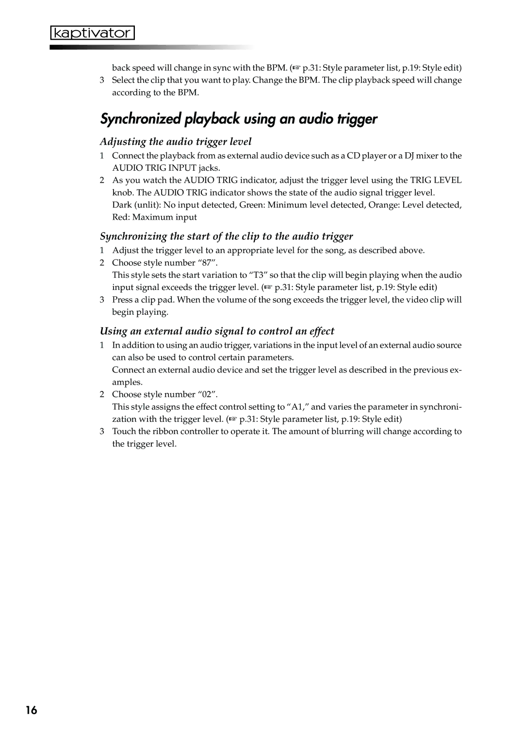 Korg KTV1 owner manual Synchronized playback using an audio trigger, Adjusting the audio trigger level 