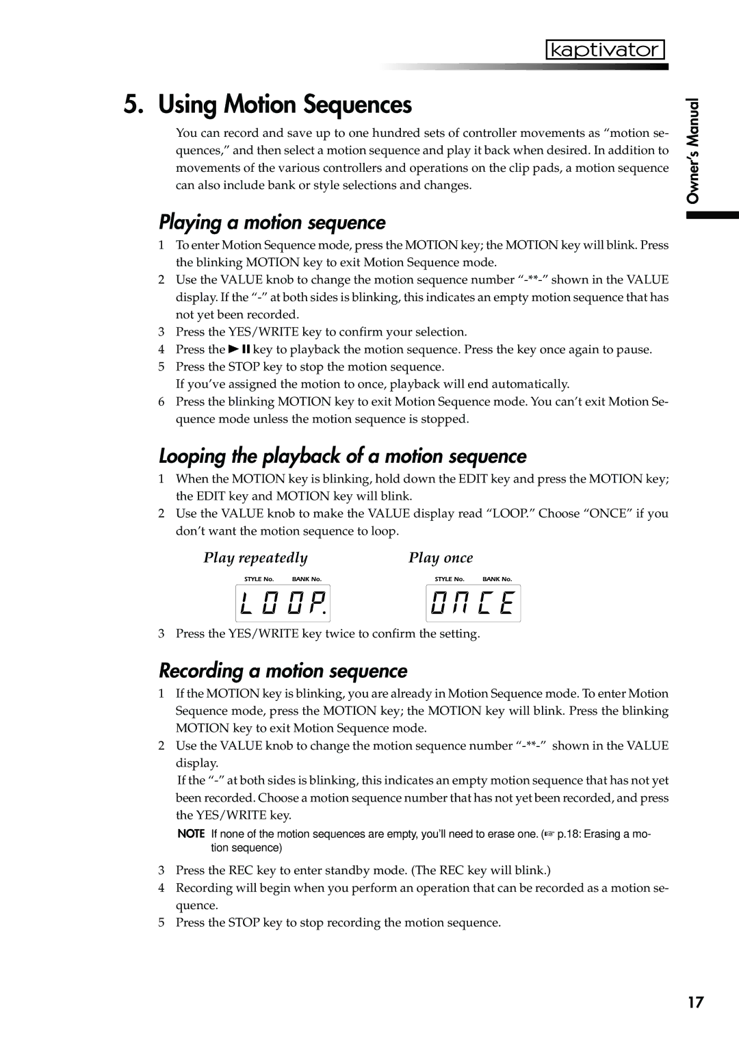 Korg KTV1 owner manual Using Motion Sequences, Playing a motion sequence, Looping the playback of a motion sequence 