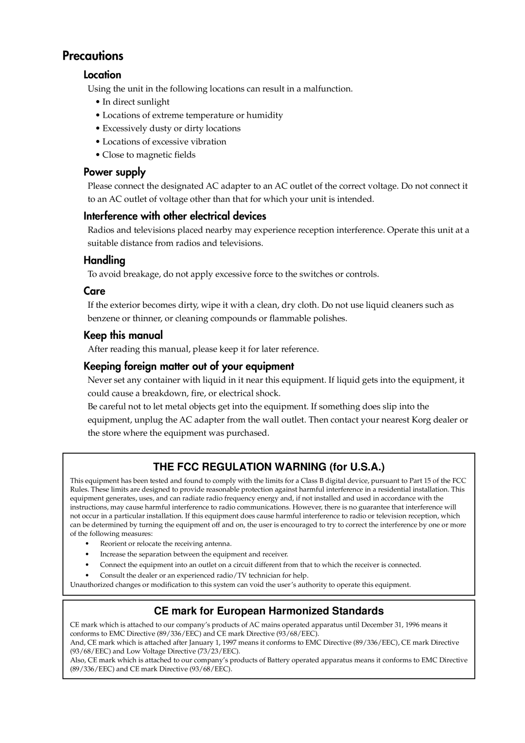 Korg KTV1 owner manual Precautions 