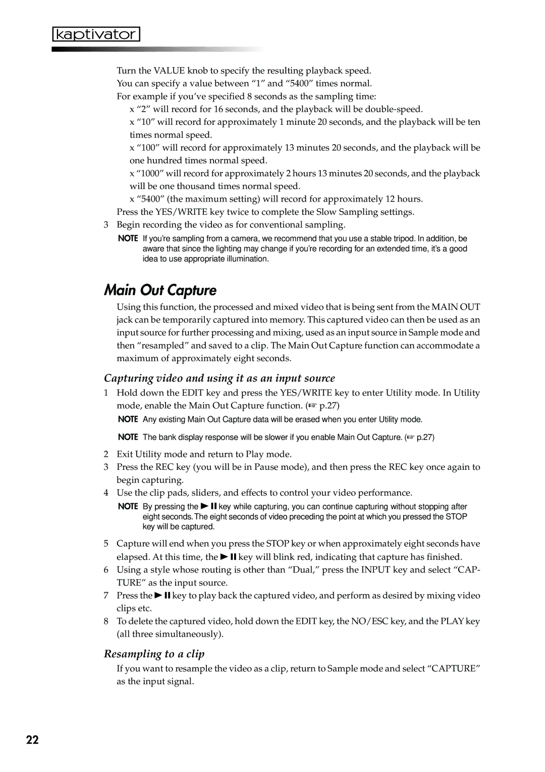 Korg KTV1 owner manual Main Out Capture, Capturing video and using it as an input source, Resampling to a clip 