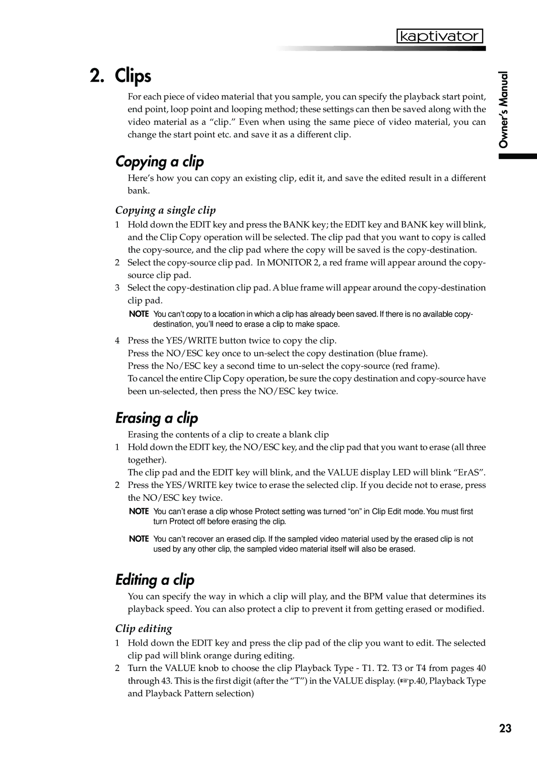 Korg KTV1 owner manual Clips, Copying a clip, Erasing a clip, Editing a clip 