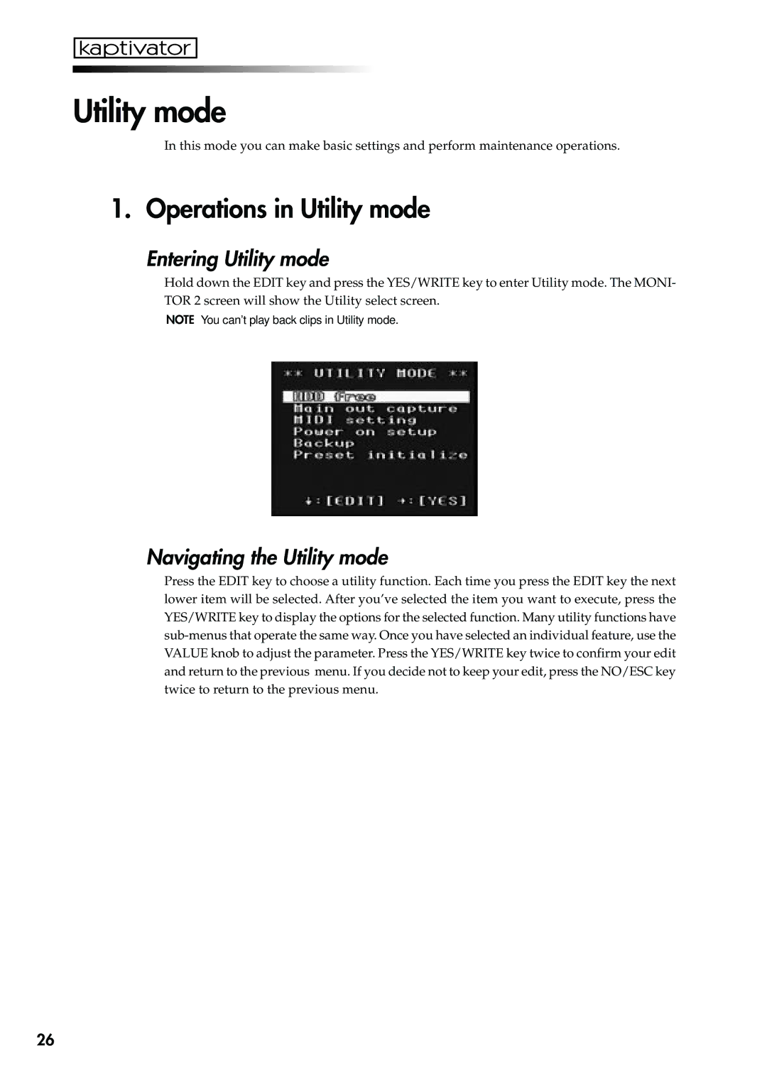 Korg KTV1 owner manual Operations in Utility mode, Entering Utility mode, Navigating the Utility mode 