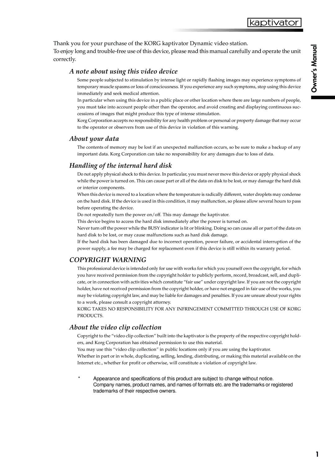 Korg KTV1 owner manual About your data, Handling of the internal hard disk, About the video clip collection 