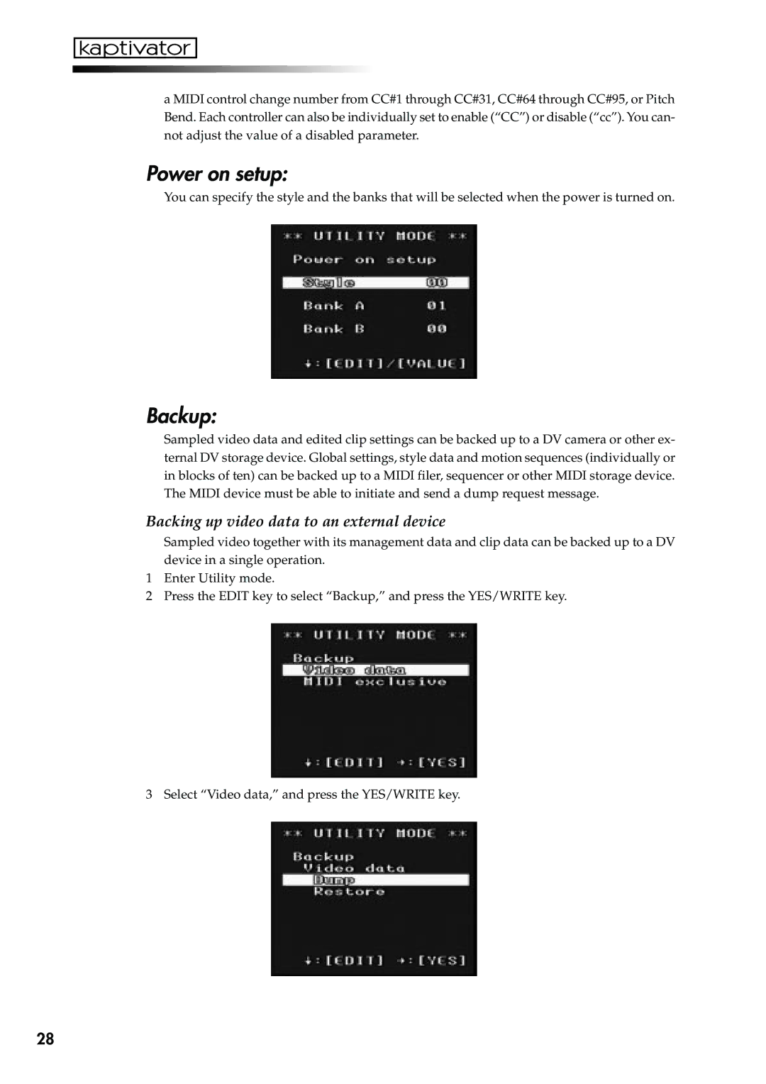 Korg KTV1 owner manual Power on setup, Backup, Backing up video data to an external device 