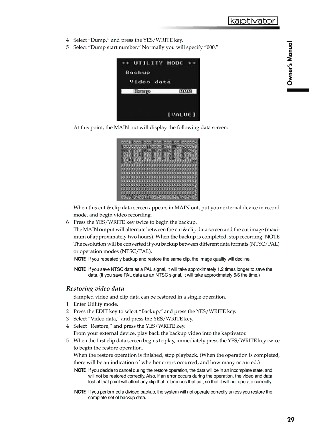 Korg KTV1 owner manual Restoring video data 