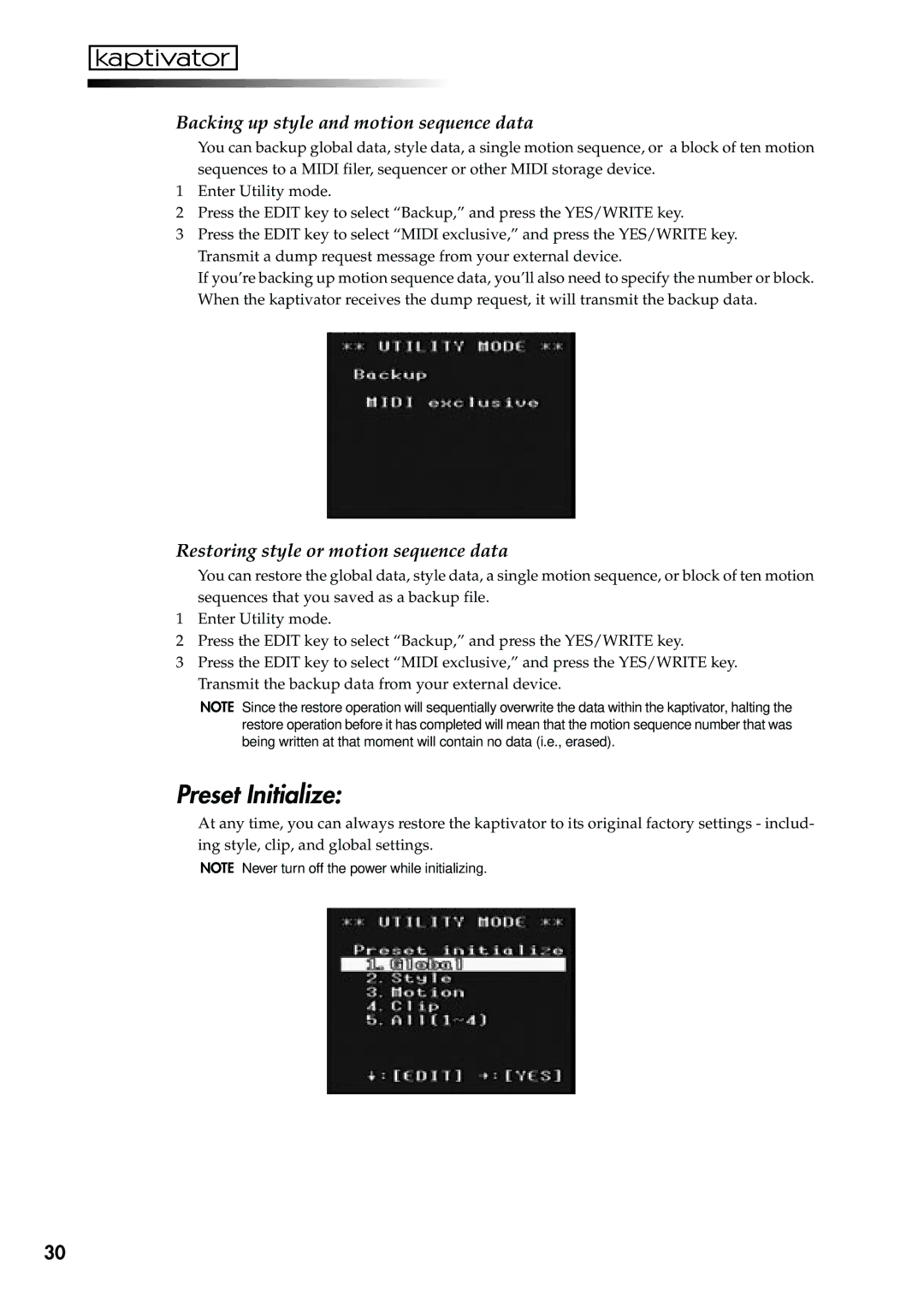 Korg KTV1 Preset Initialize, Backing up style and motion sequence data, Restoring style or motion sequence data 