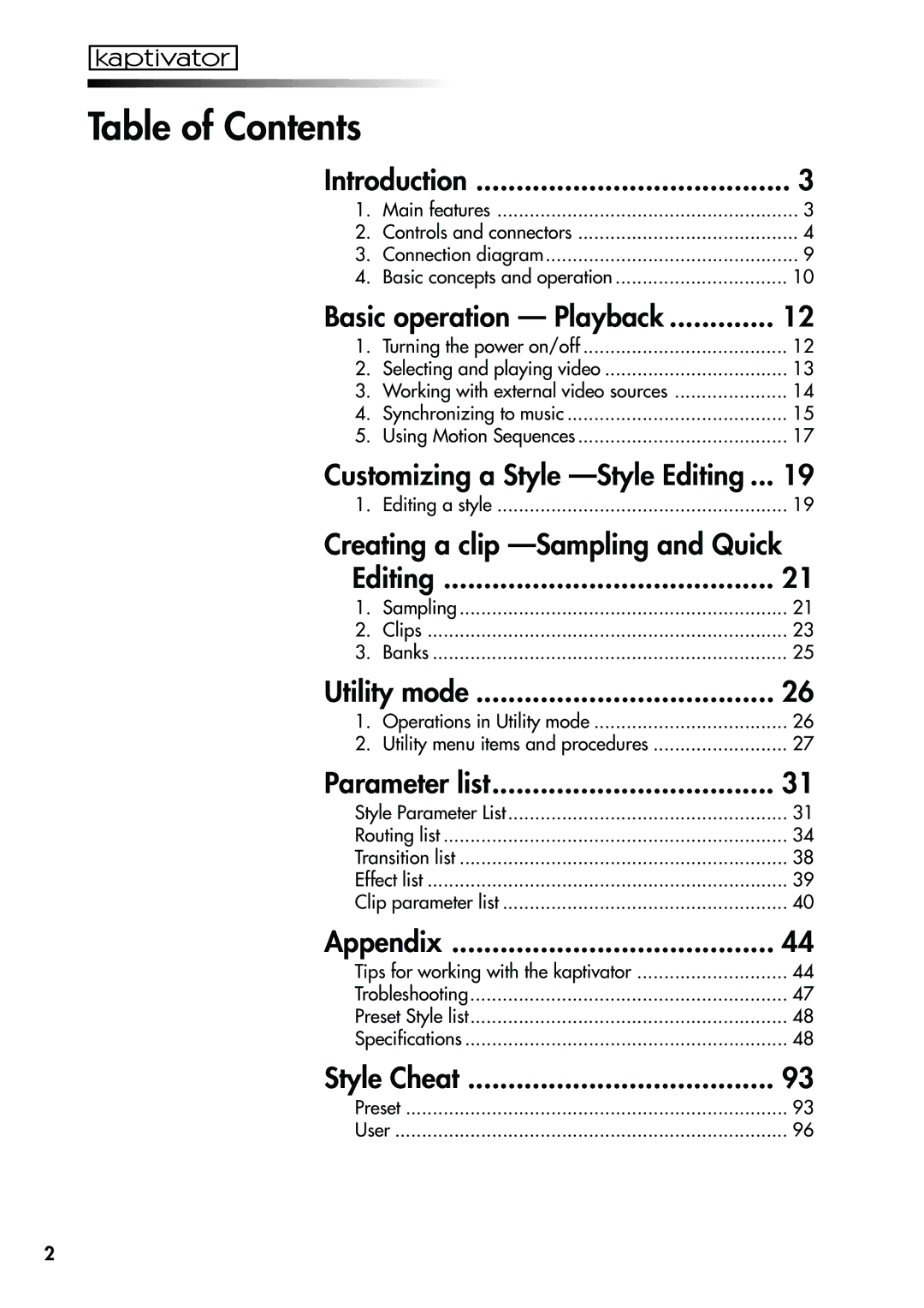 Korg KTV1 owner manual Table of Contents 