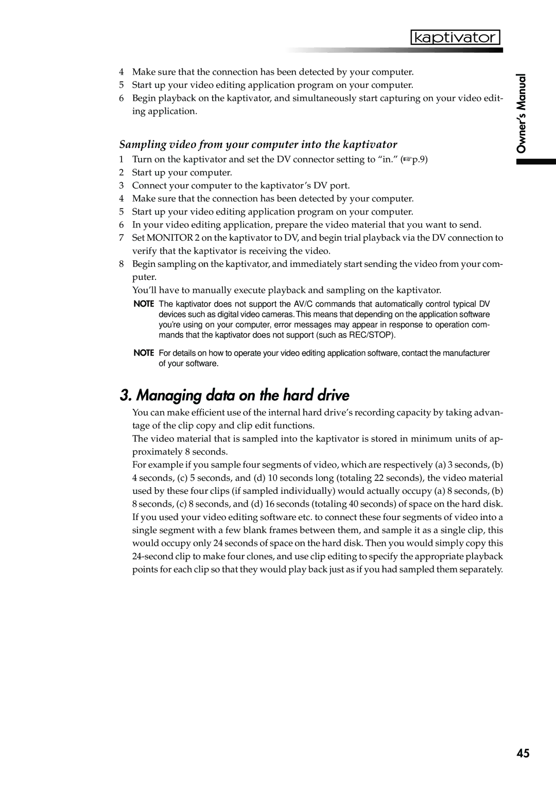 Korg KTV1 owner manual Managing data on the hard drive, Sampling video from your computer into the kaptivator 