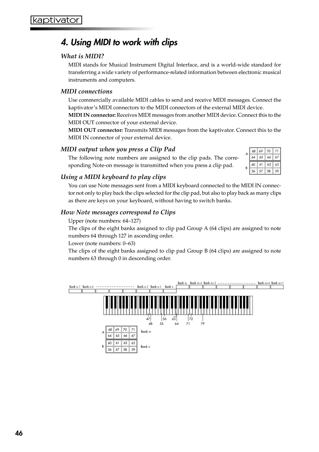 Korg KTV1 owner manual Using Midi to work with clips 