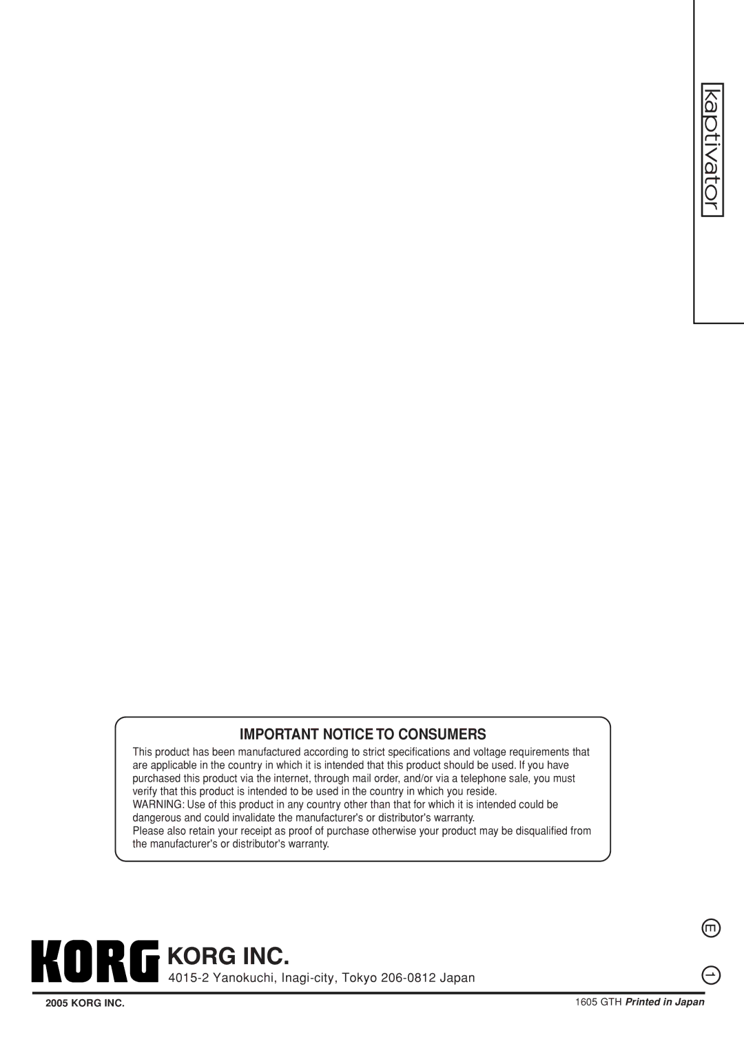 Korg KTV1 owner manual Important Notice to Consumers 